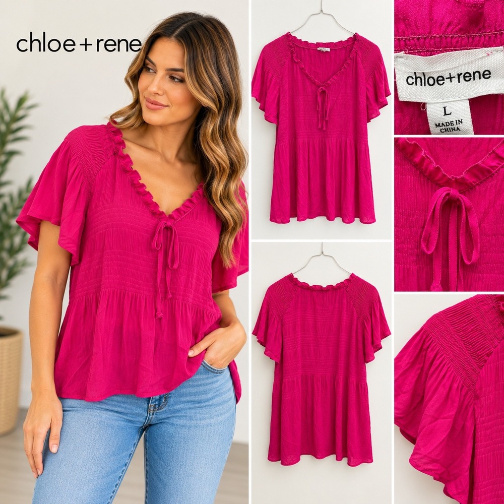 Chloe + Rene Womens Large Magenta Pink Smocked Ruffle V-Neck Flutter Sleeve Top